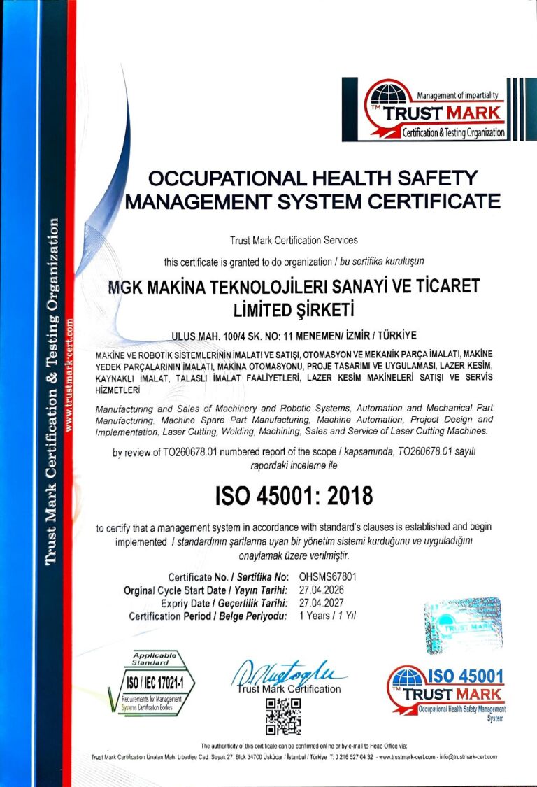 iso 45001 - MGK Makina Teknolojileri ve Sanayi Ticaret Ltd.