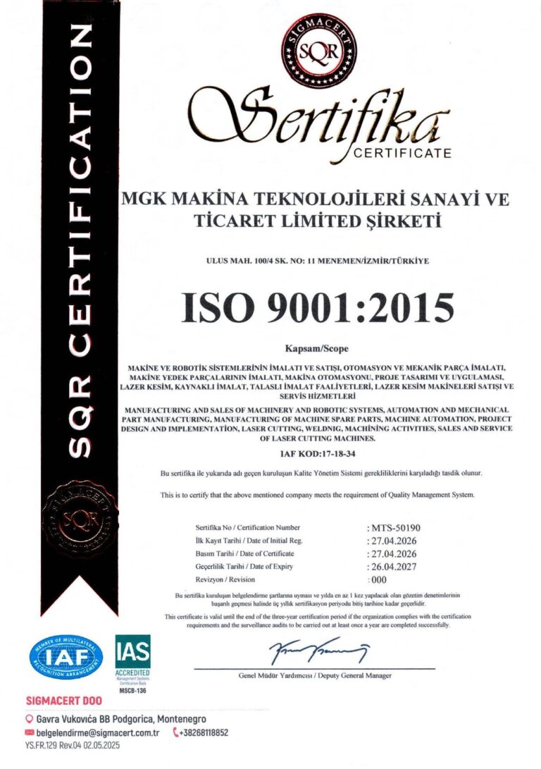 iso 9001 - MGK Makina Teknolojileri ve Sanayi Ticaret Ltd.
